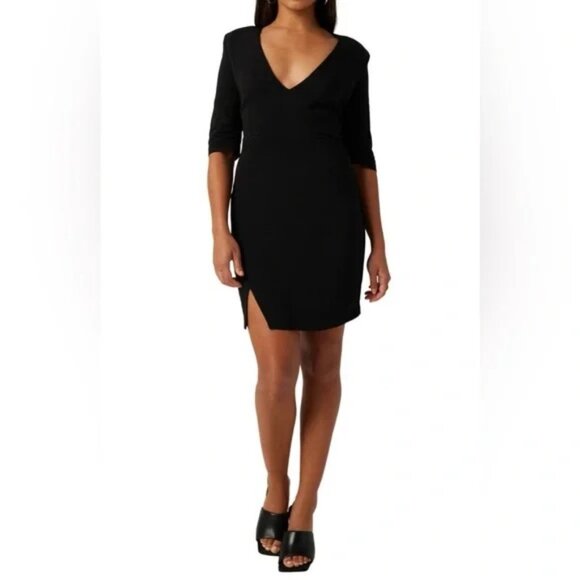 NEWLita‎ By Ciara Revolve Sculptural V Neck Mini Viscose Crepe Dress Black XS